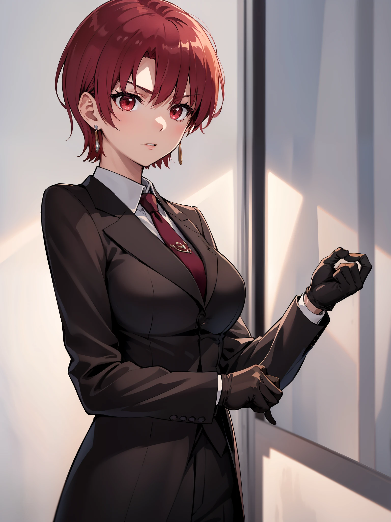 (masterpiece, best quality:1.2), bazett, fgo, 1girl, solo, short hair, red hair, bangs, red eyes,  large breasts, black gloves, formal suit, necktie, jacket, upper body, earrings, 