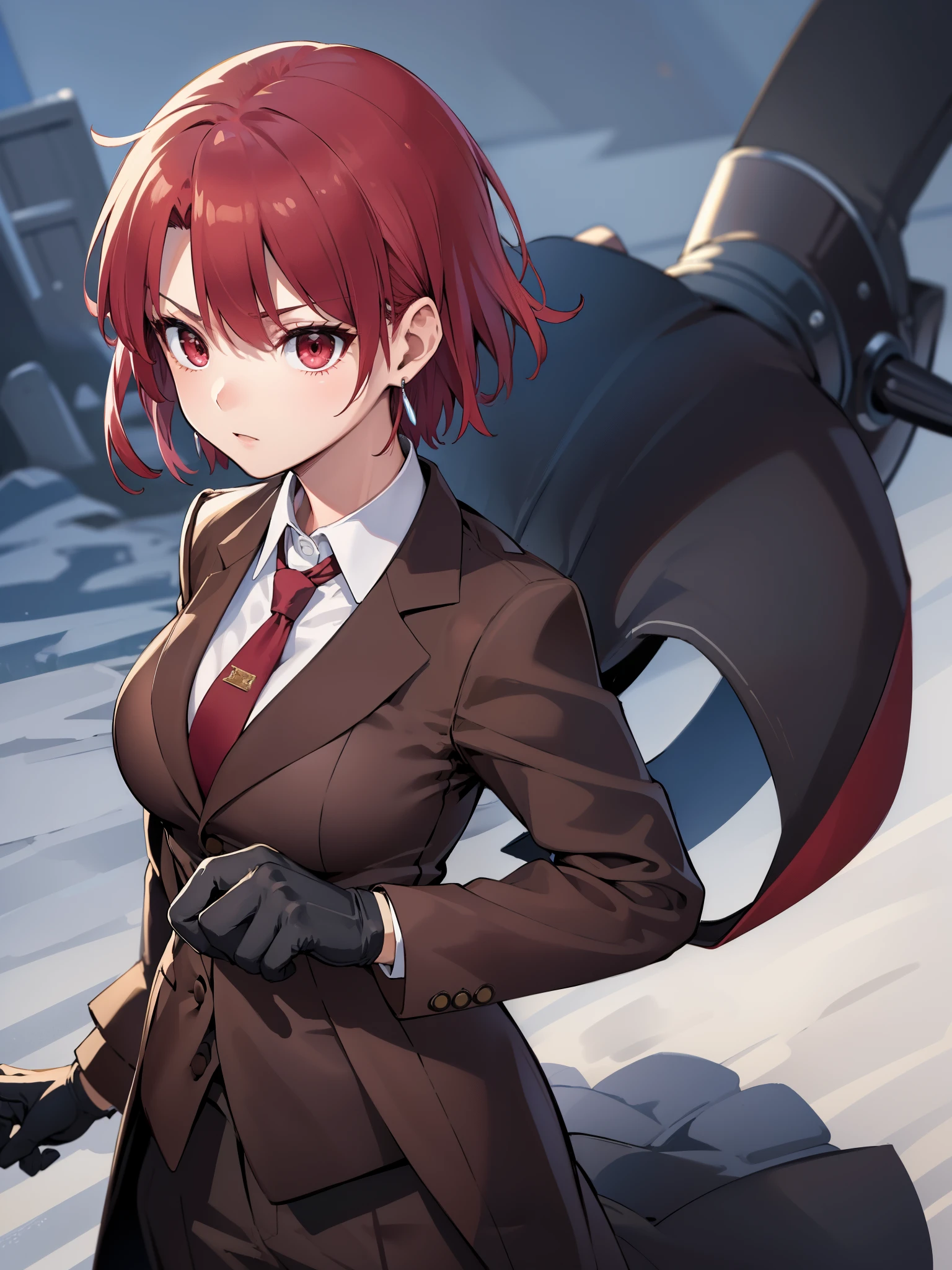 (masterpiece, best quality:1.2), bazett, fgo, 1girl, solo, short hair, red hair, bangs, red eyes,  large breasts, black gloves, formal suit, necktie, jacket, upper body, earrings, 