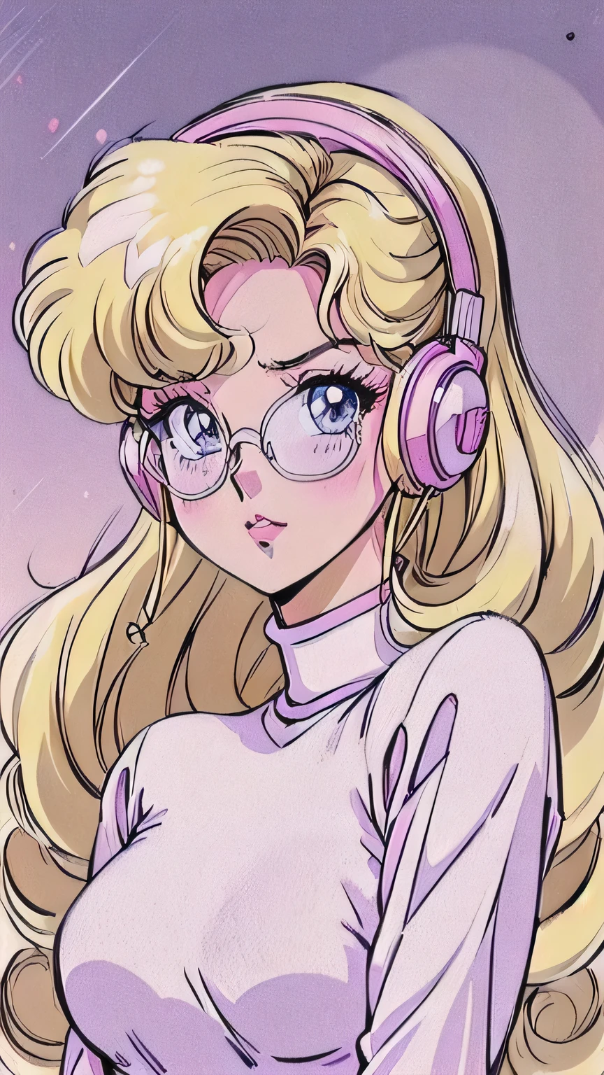 (Blonde Barbie:1.2),(vintage 90's:1.1),(romance anime style:1.3), wavy blonde hair, lilac turtleneck, grey wireless headphones, white glasses, waist up