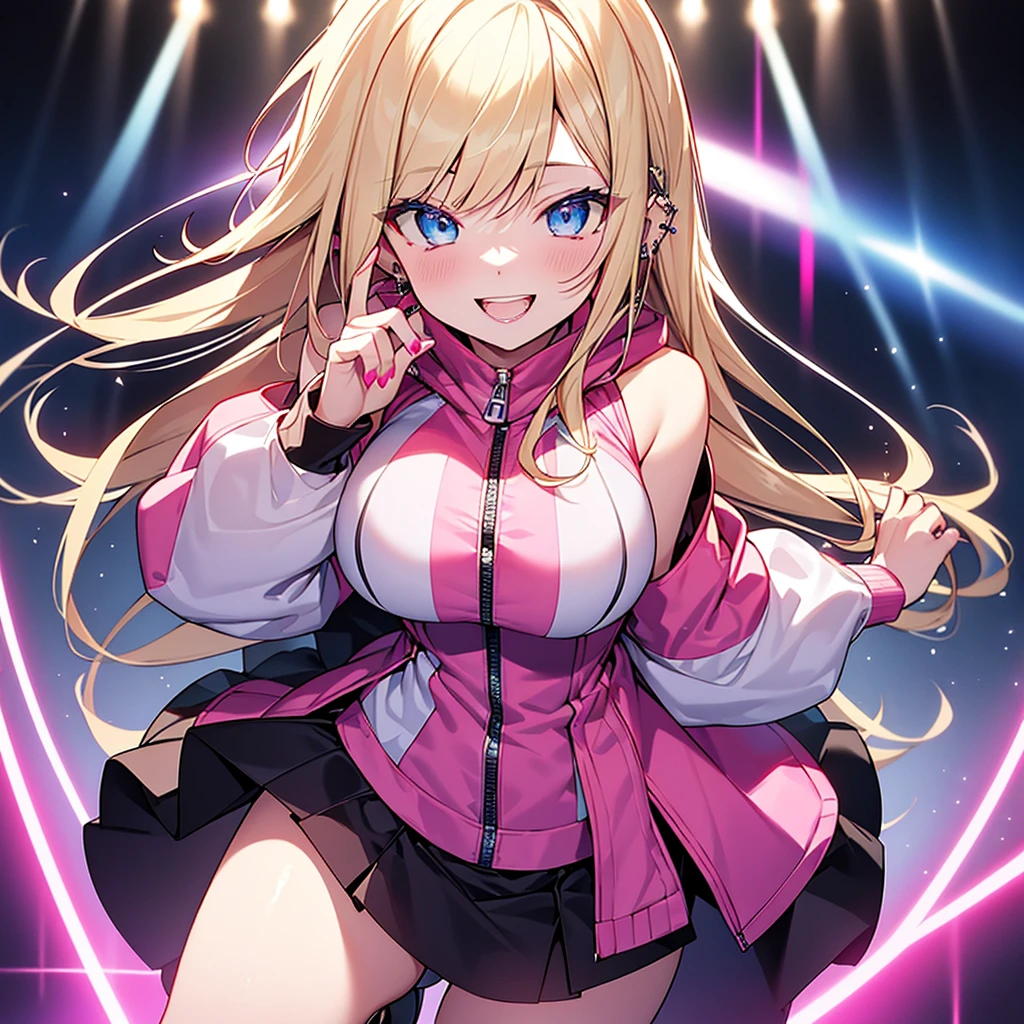 highest quality、blonde、slanted eyes、blue eyes、pale skin、gal、pink hoodie、Her zipper is open, exposing her breasts、Have many ear piercings、pink lip、heavy makeup、big breasts、short skirt、knee high boots、DJing live、Beautiful stage、lots of neon、Ruthless smile、red nails、Live venues at night