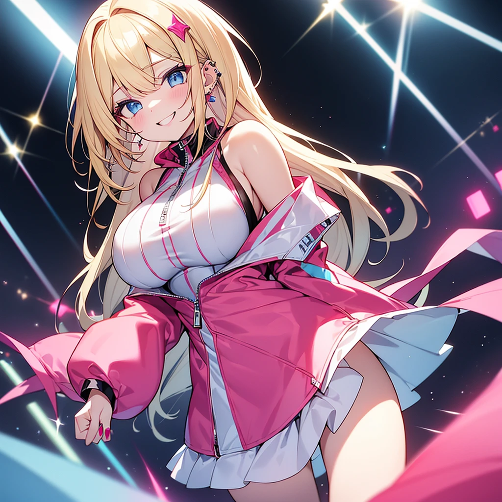 highest quality、blonde、slanted eyes、blue eyes、pale skin、gal、pink hoodie、Her zipper is open, exposing her breasts、Have many ear piercings、pink lip、heavy makeup、big breasts、short skirt、knee high boots、DJing live、Beautiful stage、lots of neon、Ruthless smile、red nails、Live venues at night