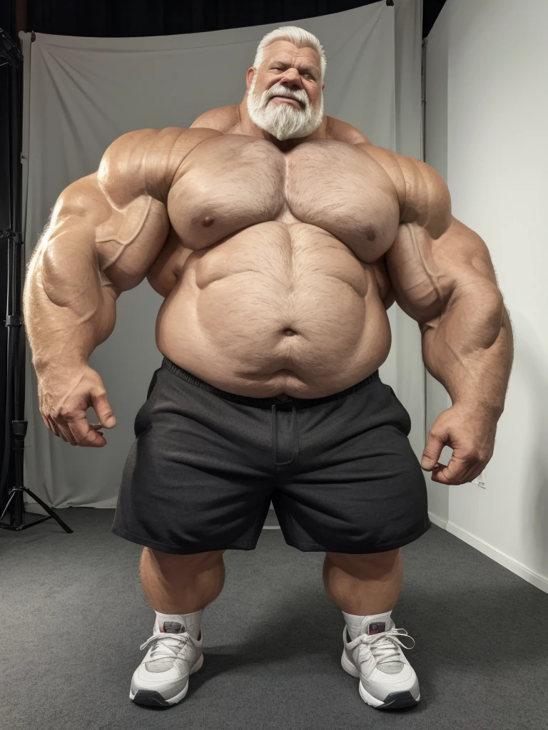 ground level camera shot, (best quality,4k,8k,highres,masterpiece:1.2),ultra-detailed,(realistic,photorealistic,photo-realistic:1.37),((massive muscular)) ((huge Muscular)) chubby old man standing in photo studio, simple background, , shorts and shoes, white hair, super thick arms, super big pectoral, super wide pectoral, topless, shirtless, low angel , bottom view, (ground view)