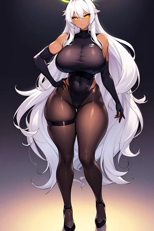 2girls, dark-skinned female, breasts, large breasts, wide hips, white hair, long hair, yellow eyes, smile, smirk, smug, pervert, bodysuit, black bodysuit, futuristic, tech, science-fiction, neon, neon trim, pantyhose, black pantyhose, full body, ((full body)), toned, tones female, tall, tall female