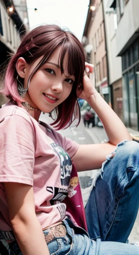 (table top), cute, (16 years old:1.4), alone, 1 female, (attractive punk girl), blue eyes,face、(laughter:1.5),playing the guitar, (front),  (Leather jackets and tattoos), (band t-shirt), (ripped jeans), ((Alley background of city at night)), (close up shot), beautiful hands, both hands, normal hand, upper arm, full hand, beautiful body, beautiful fingers, normal fingers, five fingers, five fingers, (thumb index finger ring finger), beautiful ears, normal ear, beautiful eyes, shining eyes, beautiful mouth, beautiful lips,pink hairのミディアムヘア, (pink hair), Ear hair, , single blade, (single blade), (side blade)