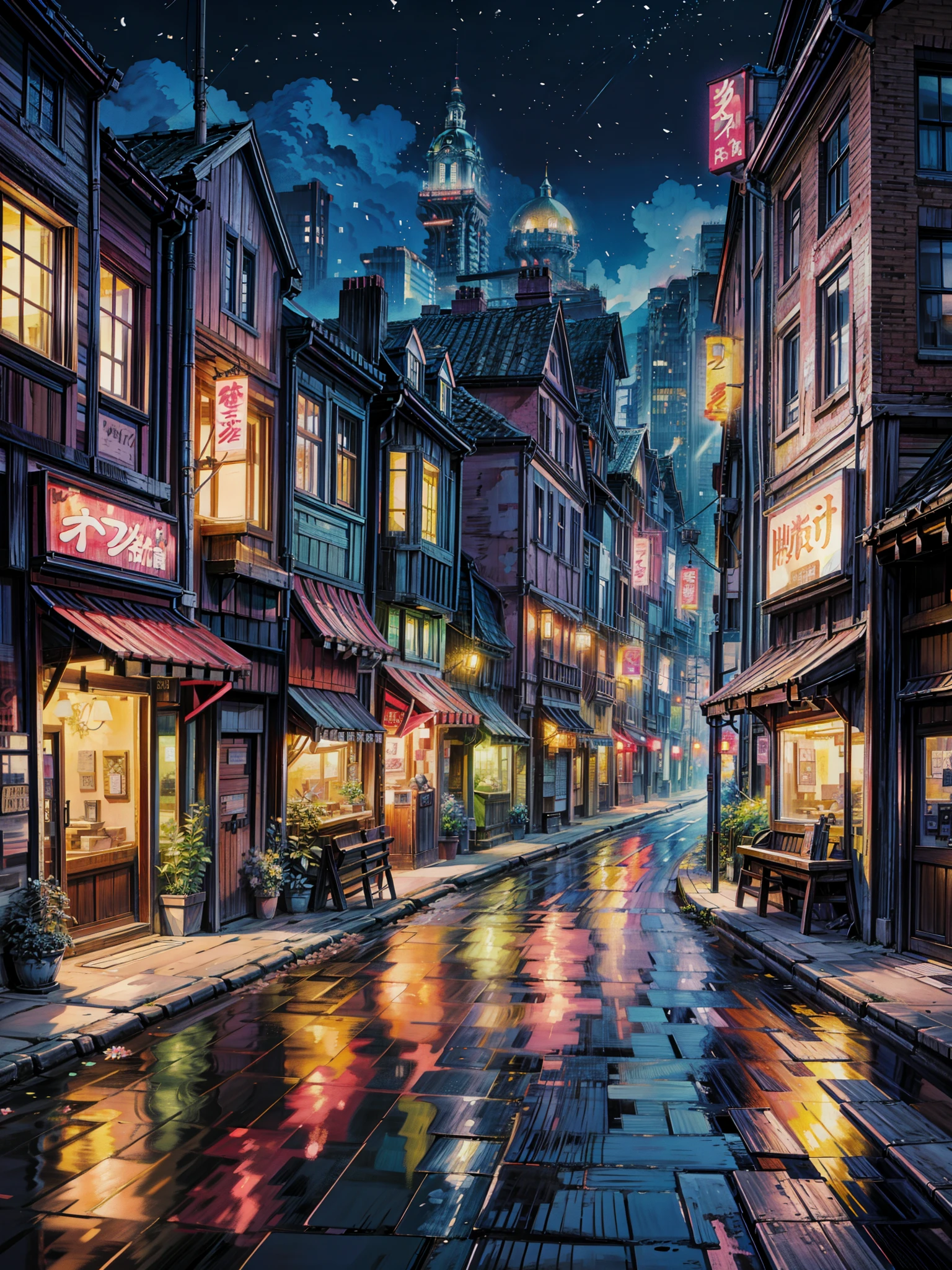 a painting of a city street at night, anime background art, flowers, ross tran. flowery tree, scenic background, anime scenery, anime movie background, hd anime cityscape, anime landscape, anime style cityscape, colorful anime movie background, anime landscape wallpaper, nightime village background, kinkade, beautiful cityscape background, by Evgeny Lushpin, city + graffiti background, anime nature wallpaper , 4k hd,, beautiful art uhd 4 k, a beautiful artwork illustration, beautiful digital painting, highly detailed digital painting, beautiful digital artwork, detailed painting 4 k, very detailed digital painting, rich picturesque colors, gorgeous digital painting