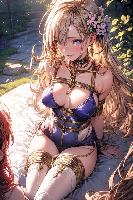 (best quality,4k,8k,highres,masterpiece:1.2),ultra-detailed,(realistic,photorealistic,photo-realistic:1.37), HDR,UHD,studio lighting,ultra-fine painting,sharp focus,physically-based rendering,extreme detail description,professional,vivid colors,bokeh, portraits,illustration
A girl lying down on her stomach, her mesmerizing eyes gazing into the distance, her lips slightly parted with a hint of a smile. She is surrounded by a lush garden, vibrant with colors and filled with blooming flowers. The sunlight filters through the leaves, casting a soft, ethereal glow on her delicate features.
Her hands are tied behind her back with a rope, her fingers delicately intertwined. The rope extends to her feet, which are tied in the air, creating an intriguing and dynamic composition. The rope serves as a connection between her hands and feet, emphasizing both vulnerability and strength.
The girl's hair flows beautifully, cascading down her back, its strands capturing the sunlight and reflecting its golden hues. She wears a flowing dress, adorned with intricate details and patterns, emphasizing her elegant and ethereal presence.
In the background, we see a glimpse of the girl's surroundings. The garden is filled with tall trees, creating a sense of tranquility and serenity. The flowers bloom in various shades of pink, purple, and orange, adding bursts of color to the scene. Butterflies dance in the air, their delicate wings creating a sense of whimsy and magic.
The painting is created with a medium that brings out the beauty and intricacy of each brushstroke, capturing every detail with precision and finesse. The result is a masterpiece that exudes realism and photorealism, transporting the viewer into a world of enchantment and wonder.
The color palette of the painting is vibrant and vivid, with a focus on warm and inviting tones. The sunlight bathes the scene in a soft, golden glow, creating a warm and inviting atmosphere. The shadows add depth and dimension, enhancing the