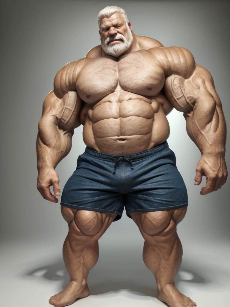 ground level camera shot, (best quality,4k,8k,highres,masterpiece:1.2),ultra-detailed,(realistic,photorealistic,photo-realistic:1.37),((massive muscular)) ((huge Muscular)) old man standing in photo studio, simple background,  shorts , white hair, super thick arms, super big pectoral, super wide pectoral, topless, shirtless