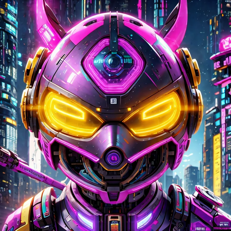 a close up of a robot with a glowing head and a purple background, cyber mech, in style of beeple, cyberpunk pikachu, style hybrid mix of beeple, 3 d render beeple, cute elaborate epic robot, beeple masterpiece, cyberpunk art style, yellow mech, beeple!!, cyber steampunk 8 k 3 d