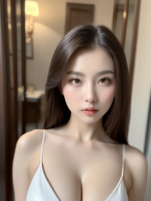 (realistic、masterpiece、Best Quality、8K、highres、high resolution:1.3)、1 girl、Huge breasts、white bikini、pale white skin、looking at viewers、super fine face and eyes、long hair、indoor、 upper body、
