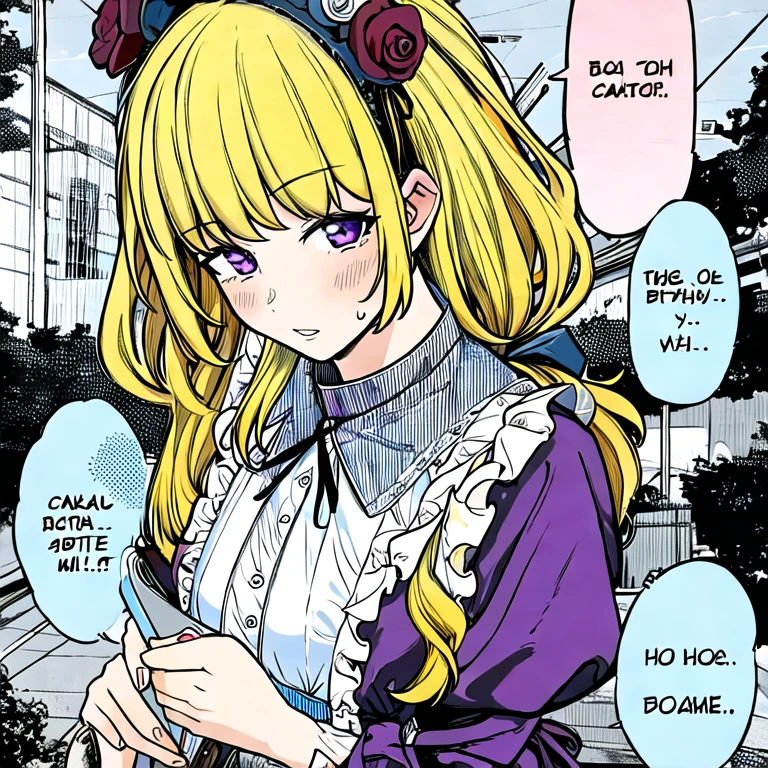 (masterpiece, best quality:1.2), 1girl, solo, long blonde hair, purple eyes, looking at the viewer, portrait, manga, beautiful eyes