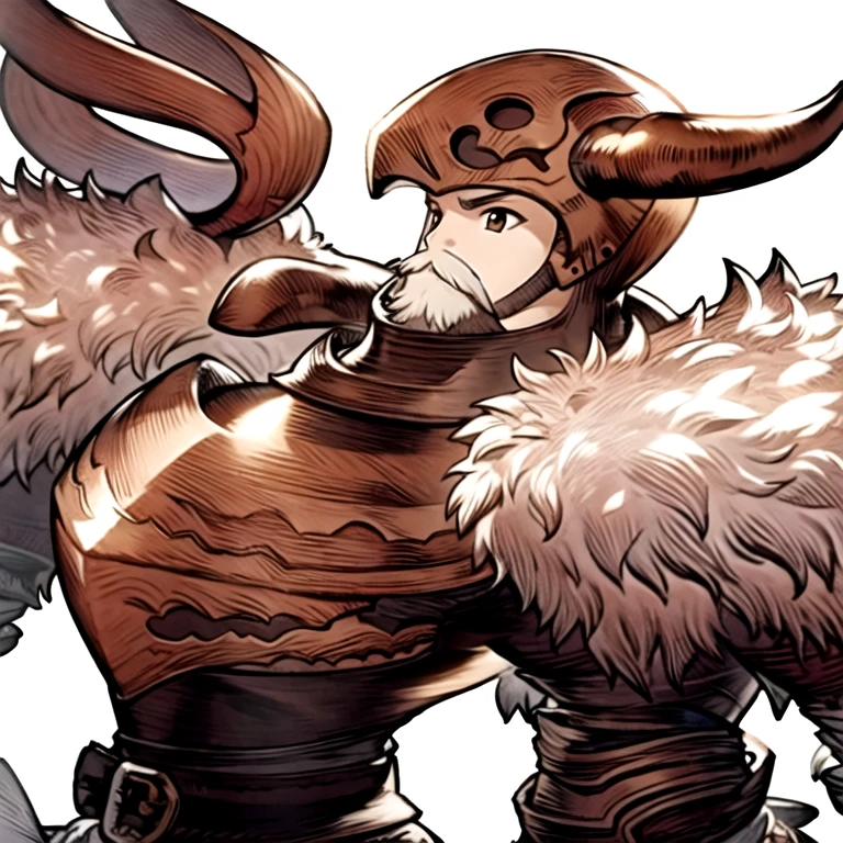 (masterpiece, best quality:1.2,simple background,white background,anime),1boy,solo,gafgarion \(final fantasy\),full armor,looking at viewer,brown eyes,fur trim,smile,helmet,horn,beard