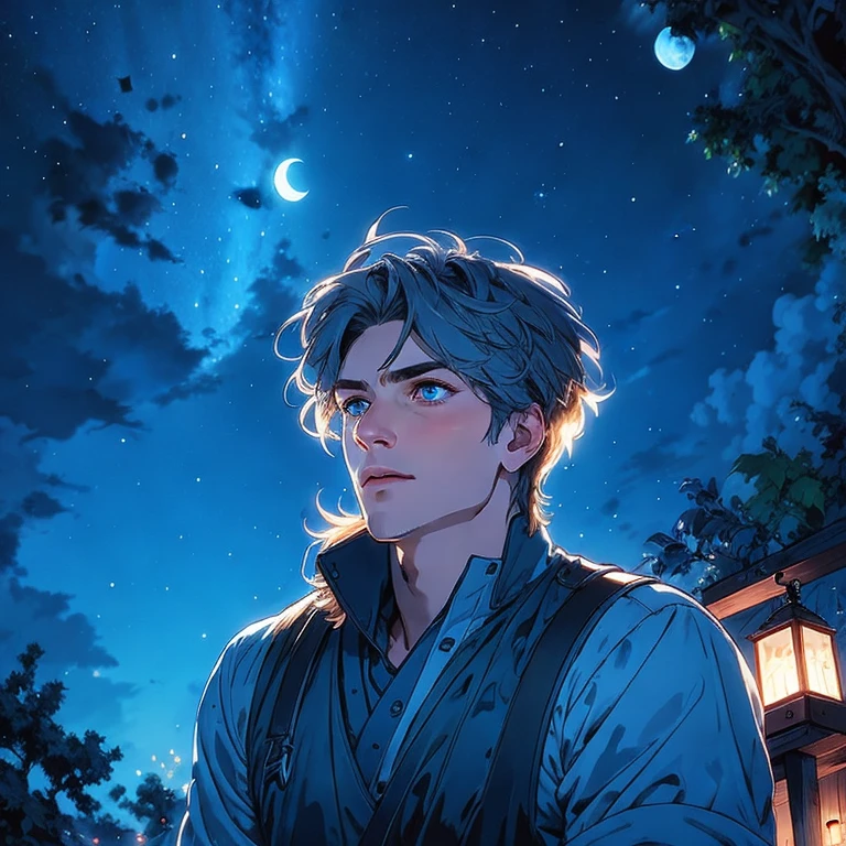 (masterpiece, best quality:1.2), handsome men is looking at the night sky, beautiful night sky, stars, constellations, moon detailed eyes, strong jawline, masculine face, cinematic background, ethereal, aesthetic, soft light, cinematic scene, cinematic light, light effects