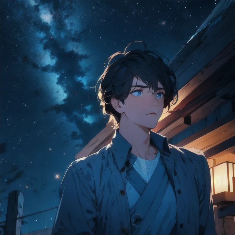 (masterpiece, best quality:1.2), handsome men is looking at the night sky, rises his head to look at the beautiful night sky, (rises his head), shining eyes, stars, constellations, moon detailed eyes, strong jawline, masculine face, cinematic background, ethereal, aesthetic, soft light, cinematic scene, cinematic light, light effects