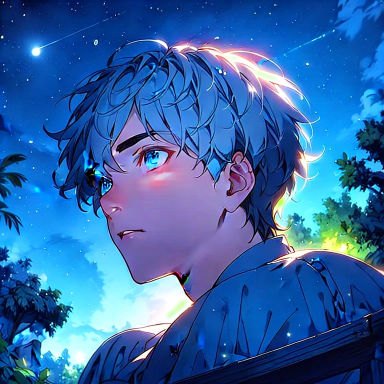 (masterpiece, best quality:1.2), handsome men is looking at the night sky, rises his head to look at the beautiful night sky, (rises his head), (facial profile), (facial angle), (showing facial profile), shining eyes, stars, constellations, moon detailed eyes, strong jawline, masculine face, cinematic background, ethereal, aesthetic, soft light, cinematic scene, cinematic light, light effects