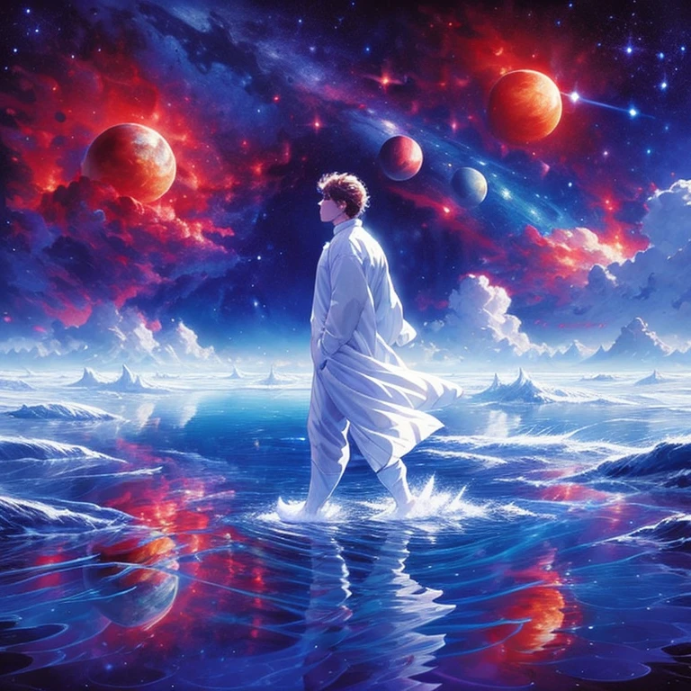 (masterpiece, best quality:1.2), handsome men is walking at universe landscape, walking on water, cosmic, stars, planets, nebula, water wave, beautiful universe, detailed eyes, strong jawline, masculine face, cinematic background, ethereal, aesthetic, soft light, cinematic scene, cinematic light, light effects, expanding landscape photography, (full body)