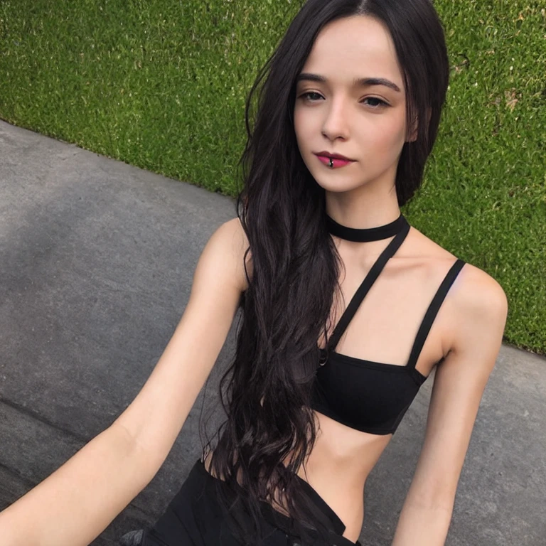 (masterpiece, best quality:1.2), laurag,1girl, solo, slim body, skinny body, full body, black hair, choker, black bra, black bikini, ponytail, sexy, hot, beautiful