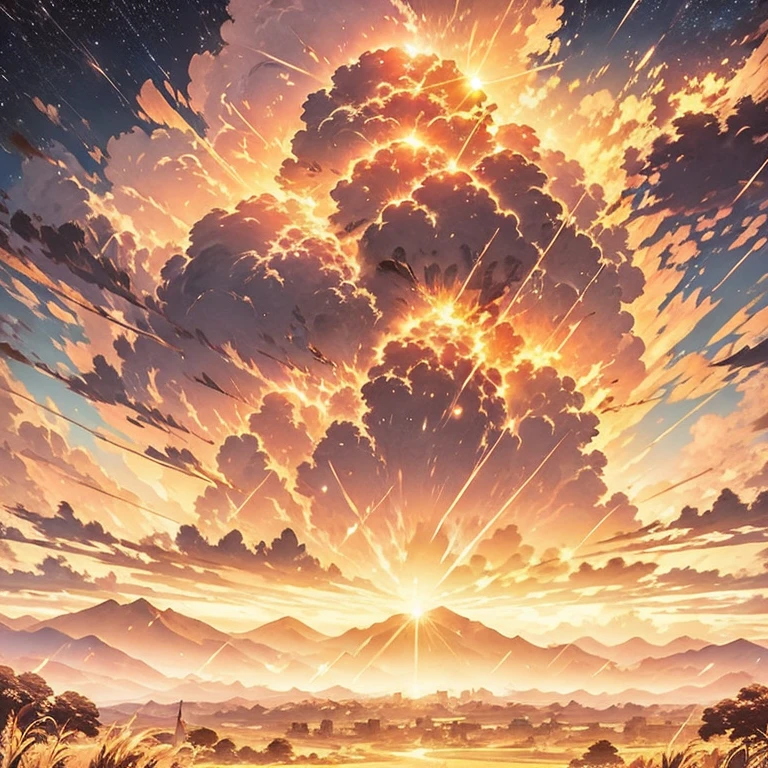 (masterpiece, best quality:1.2), a sunset sky, shooting stars, meteor shower, fluffy clouds, bright sunset, wind blow, golden theme, nostalgic, cinematic background, ethereal, aesthetic, soft light, cinematic scene, cinematic light, light effects, expanding landscape photography, wallpaper