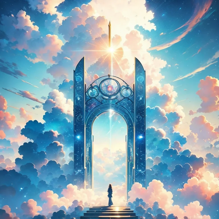 (masterpiece, best quality:1.2), a heaven gate, fluffy clouds, cinematic sunlight, devine, cinematic background, ethereal, aesthetic, soft light, cinematic scene, cinematic light, light effects, expanding landscape photography, wallpaper