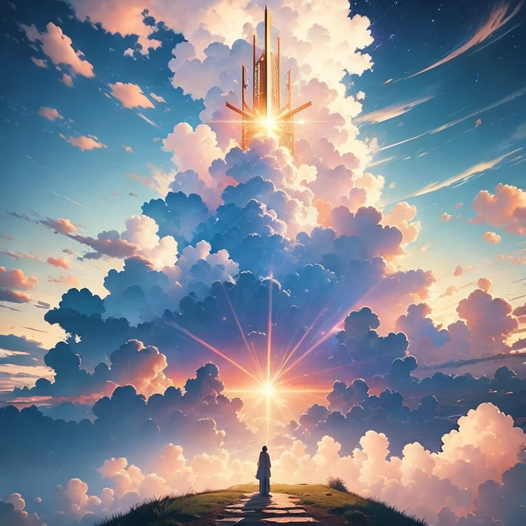 (masterpiece, best quality:1.2), a heaven gate, fluffy clouds, cinematic sunlight, devine, cinematic background, ethereal, aesthetic, soft light, cinematic scene, cinematic light, light effects, expanding landscape photography, wallpaper