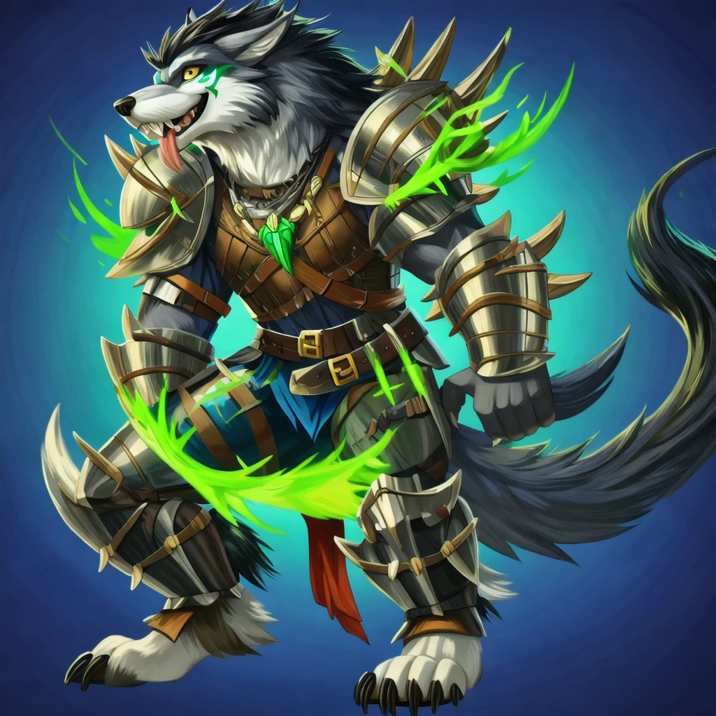 (masterpiece, best quality:1.2), male, solo, wolf, clothed, armor, looking at viewer, smile, friendly smile, yellow eyes, grey fur, dark grey fur, white fur, 4 toes, 5 fingers, feet, paws, black claws, anthro, wolf, monster, wolf monster, monster wolf, (Staintongue), simple background, dark blue background, black nose, black hair, bodypaint, facepaint, green bodypaint, green facepaint, warrior, spiked shoulder armor, wooden shoulder armor, green stone necklace, belt around arm, sharp teeth, wooden knee armor, necklace, fantasy, grey chest armor, (grey furred hands), (grey furred feet), two tone fur