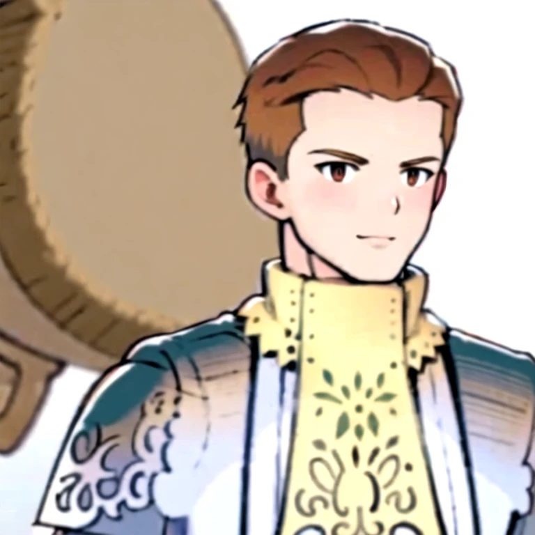(masterpiece, best quality:1.2,simple background,white background,anime),1boy,solo,beowulf \(final fantasy\),brown hair,long sleeves,looking at viewer,brown eyes,armor,smile,scarf