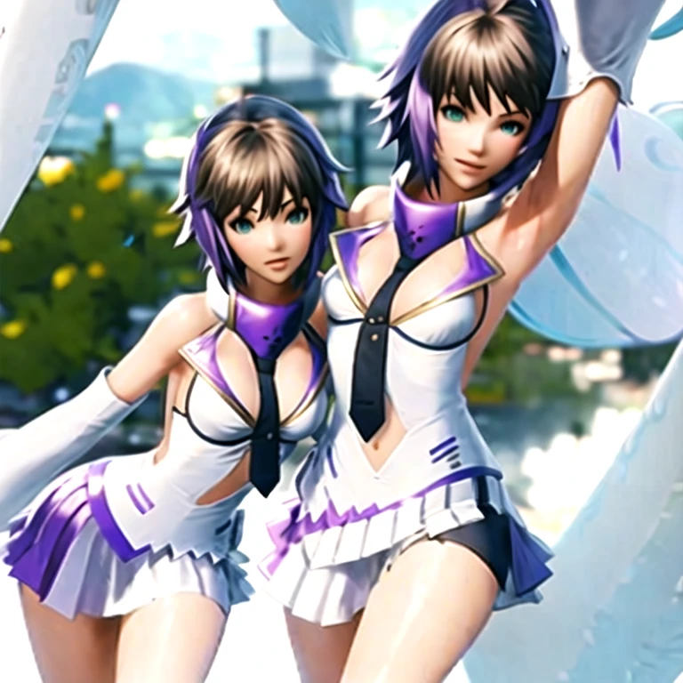 (masterpiece, best quality:1.2,simple background,white background),1girl,solo,echo \(final fantasy\),green eyes,bare shoulders,breasts,brown hair,looking at viewer,necktie,short hair,ahoge,detached sleeves,dress,two-tone hair,navel,purple hair,smile,skirt,choker,blue feather