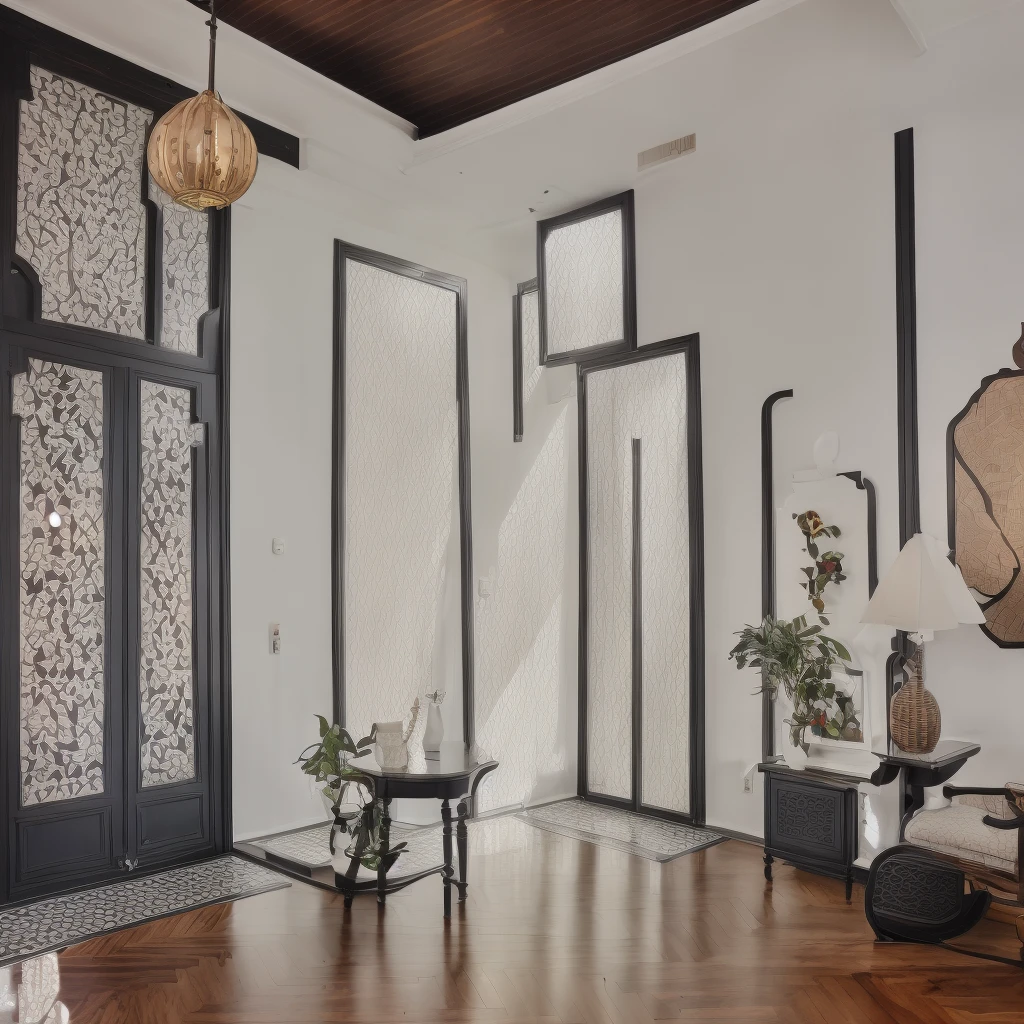 (indochine style:1.2), art paint wall, lamp, potted plant, wood floor, (white wall:1.2), (black wooden furnitures:1.5), interior design, (indochine furniture style), (white wall:1.2), (An Cuong black Wooden Furniture indochine Style), (Black wooden frame decorated with Indochine motif), (An Cuong black wood with MDF surface glued with melamine coating), (Dark herringbone wood floors), (architectural visualization style:1.2), (reflection), (focus on object), (material normal bump real reflection), (scattered light) ((((volumetric light))), (spotlight), (hidden light) (light ray), (multi-beam light), (sunbeam) (multi-level reflection), (grossy wooden floor), {warm led light|4000k|spotlight}, (day sky background), (corona software visualization render:1.2),