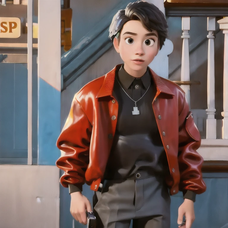 (masterpiece, best quality:1.2),Styleartya,1boy,3d,black hair,black eyes,cinematic ilumination,red jacket,headphones,black pants,short hair,