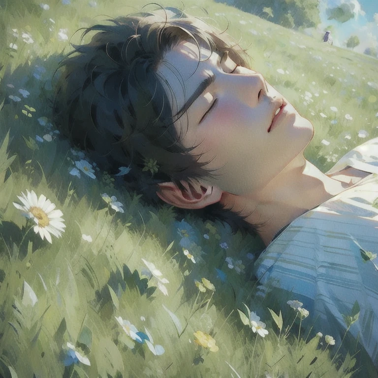 (masterpiece, best quality:1.2), a handsome men is laying down on the grass, closing eyes, feeling the wind and sunshine, at ease, peaceful, comfortable, cinematic sunlight, cinematic garden, beautiful scenery, cinematic scenery, qmen, solo men, 1 person