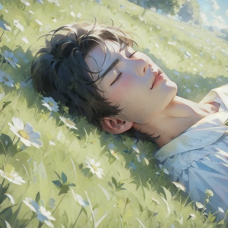 (masterpiece, best quality:1.2), a handsome boy is laying down on the grass, young boy, soft boy, closing eyes, feeling the wind and sunshine, at ease, peaceful, comfortable, cinematic sunlight, cinematic garden, beautiful scenery, cinematic scenery, 1boy, solo boy, 1 person