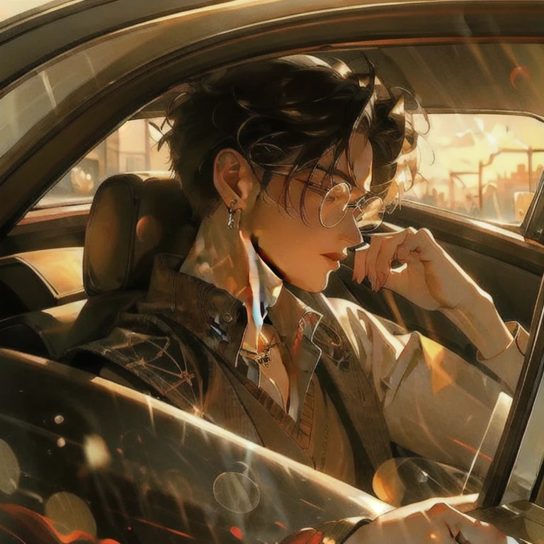 (masterpiece, best quality:1.2), an elegant men is resting in the car, elegant, gentlemen, vest, short hair, forehead, strong jawline, closing eyes, resing, through car window, cinematic sunlight, dramatic light, dramatic sunlight, beautiful scenery, cinematic scenery, 1men, solo men, 1 person