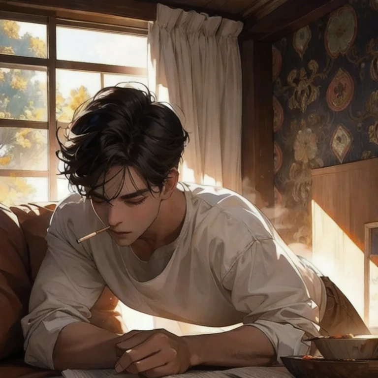 (masterpiece, best quality:1.2), a men is laying down besides the window, closing eyes, peaceful facial expression, comfortable facial expression, smoking, dramatic sunlight through window, light effects, beautiful, handsome, cinematic light, cinematic scenery, expanding landscape, wallpaper, dust through light