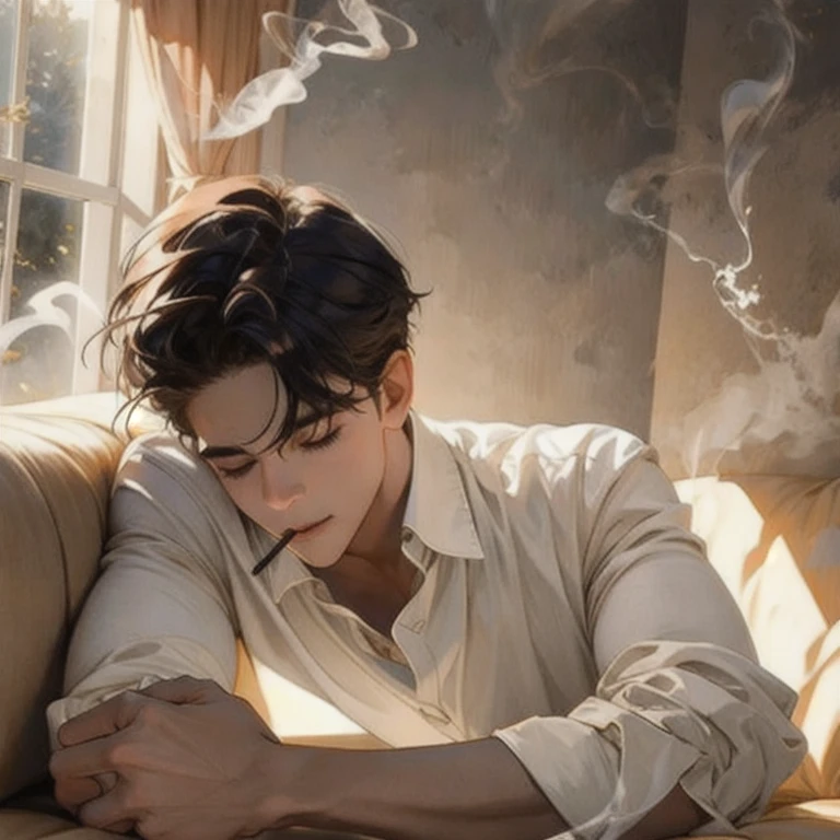 (masterpiece, best quality:1.2), a men is laying down besides the window, closing eyes, peaceful facial expression, comfortable facial expression, smoking, dramatic sunlight through window, light effects, beautiful, handsome, cinematic light, cinematic scenery, expanding landscape, wallpaper, dust through light