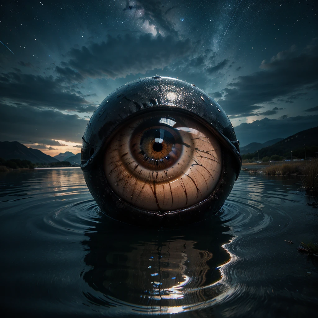 a giant eye emerges from the waters of a mountain lake. His reflection in the water is a real sight. The eye emerges from the waters during a starry night, high quality, realistic lighting, center of the picture, (a giant eye is reflected on the water), clear and quiet water surface, starry sky, mountains in background