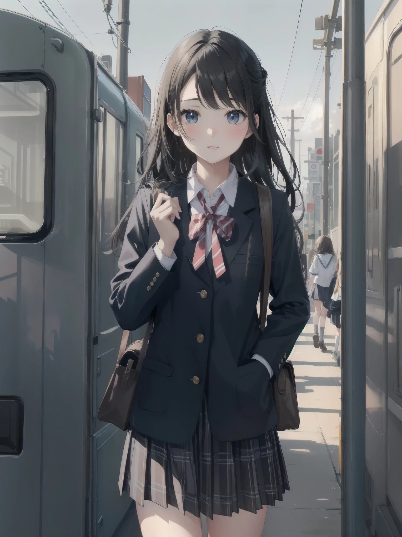 1 girl、spring、high school student、uniform、warm color、Commuting to school、Accurate and highly detailed backgrounds、cute