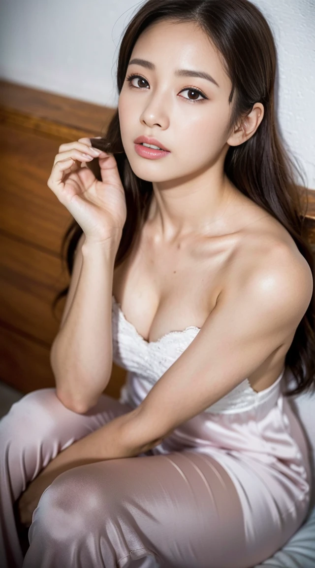 dark brown hair、light brown eyes、Japanese actress face、 lady、I'Iは彼とIが好きです'I'Iは40歳くらいです.、(intricate details:1.2)、(which one is the top?:1.4)、 (ultra high resolution:1.2)、ultra high resolution、(finely tuned)、(detailed facial features)、nffsw、8K resolution、D cup size breasts、long hair、up hairstyle, up hair、bun hair、1 girl, Deep sorrowの表情, (Highly detailed beautiful face), (pajamas:1.4)、(bare shoulders:1.3), (highest quality:1.4), (Super detailed)、Beautiful fair skin with transparency, Are sleeping、sleep on the floor、Angle from above、 open your mouth a little、pajamas、Deep sorrow、Pose of Weakness、obscene pose、white floor、white wall、The morning sun shines in、Please lie down and sleep、High fever and painful facial expression、Have a high fever、病気でAre sleeping、full body photo、