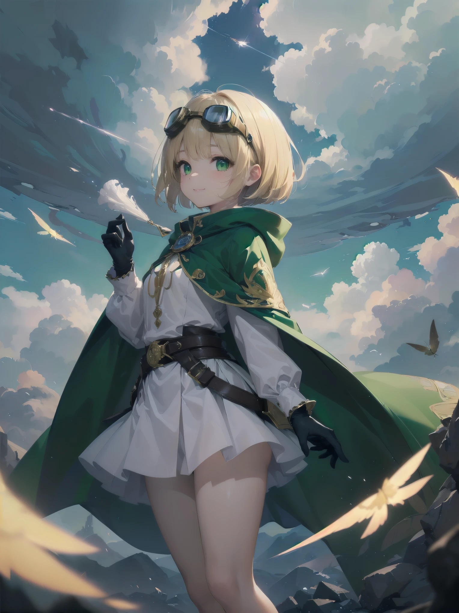 (((master piece、highest quality、Ultra-precision、The best and perfect quality)))、((fantasy))、1 person、(((Cute little girl)))、(White skirt with gold embroidery)、(Blonde one-length bob cut with braids)、(big glowing dark green eyes、shining eyes)、((Long cloak with big hood))、(green surcoat with gold embroidery)、(((Head Goggles)))、((Thick gloves))、big 、smile、(((fly in the sky)))、(((Flight sensation)))、((((Clouds streaming from the screen))))、((Torn Clouds))、(Jump into the sky)、((air))、storm、steam、Fluorescent particle group、Ultra-fantastical、Many particles of light are flying、dynamic angle、Side view