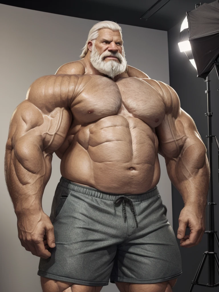 ground level camera shot, (best quality,4k,8k,highres,masterpiece:1.2),ultra-detailed,(realistic,photorealistic,photo-realistic:1.37),((massive muscular)) ((huge Muscular)) old man standing in photo studio, simple background,  shorts , white hair, super thick arms, super big pectoral, super wide pectoral, topless, shirtless