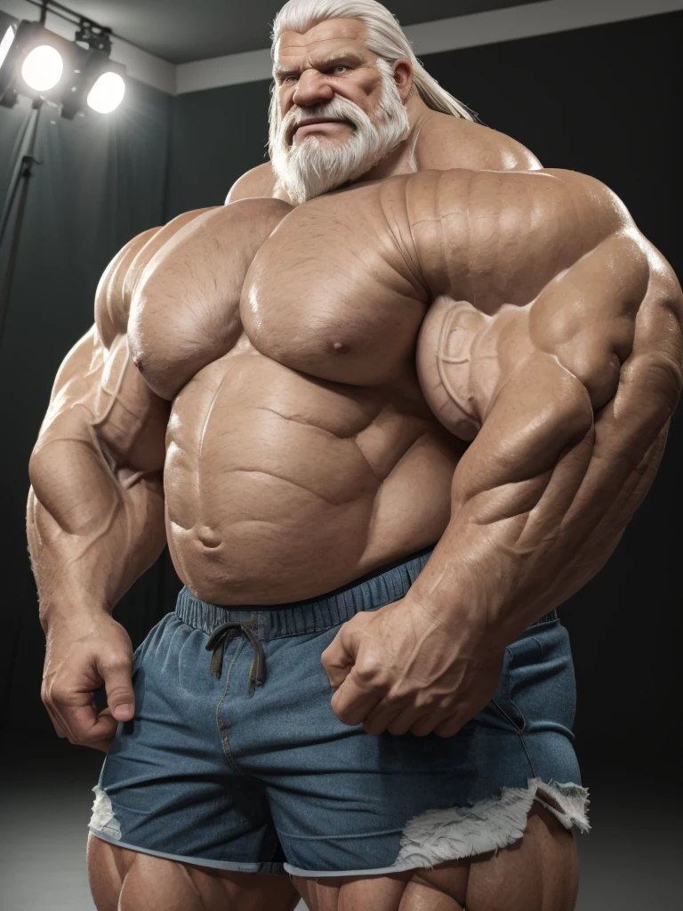 ground level camera shot, (best quality,4k,8k,highres,masterpiece:1.2),ultra-detailed,(realistic,photorealistic,photo-realistic:1.37),((massive muscular)) ((huge Muscular)) old man standing in photo studio, simple background, shorts , white hair, super thick arms, super big pectoral, super wide pectoral, topless, shirtless