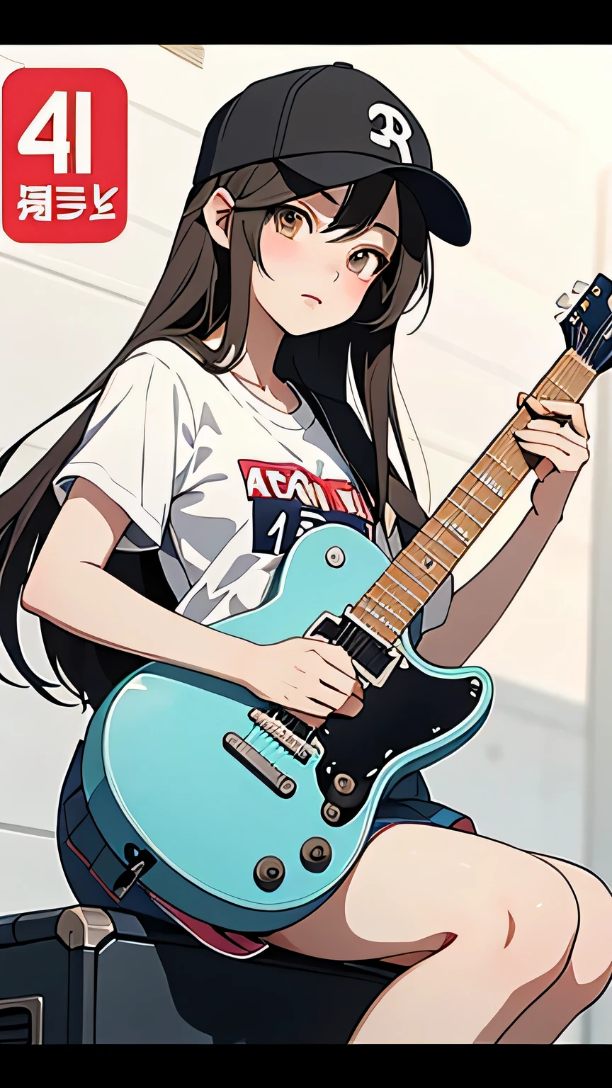 anime girl with a guitar and a baseball cap, anime moe artstyle, anime style illustration, anime cover, official artwork, marin kitagawa fanart, anime style 4 k, official fanart, high quality anime artstyle, clean detailed anime style, in anime style, fanart, anime artstyle, nagatoro, guitar solo, anime graphic illustration, bassist