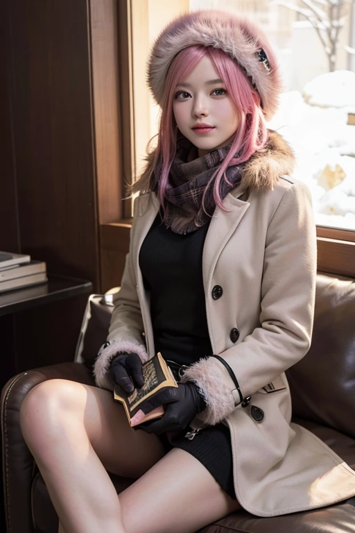 (8K, 最high quality, masterpiece:1,2), (realistic, Photoreal:1.37), Super detailed, one girl,), (very detailed), (beautiful detailed eyes), (最high qualityの), (Super detailed ), (masterpiece), (detailed face),20-year-old, ,1 girl, ((pink hair)), medium breasts, dressed, perfect lighting, Focus on pussy and breasts, looking at the viewer,  Emerald Green Coat, Dark chocolate brown scarf, wool beret. (high quality:1.3) length, pink hair, flowing hair, Sitting slightly elegantly, hopeful smile. (high quality:1.2) Accessories include classic gloves, Fur hat, Hold the book. (high quality:1.4) A pose that captures elegance while waiting in the winter twilight, The snow-covered ground accentuates the cold atmosphere.. (high quality:1.5) Utilize software, Warm lighting highlighting the female silhouette against the backdrop of dusk.