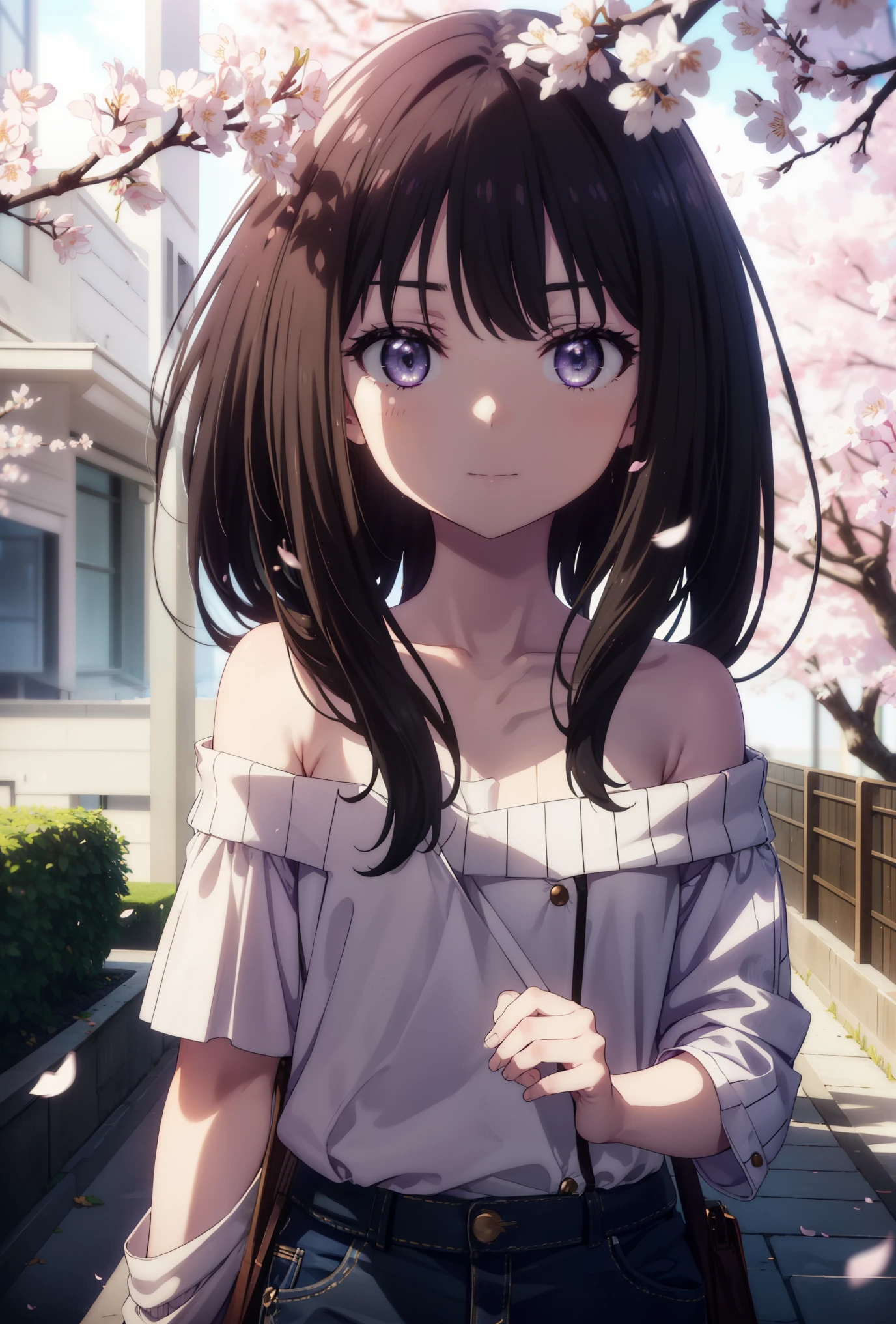 Takiuchi Kame, check it out, long hair, bangs, black hair, (purple eyes:1.2),blush,smile,open your mouth,off shoulder sweater,bare shoulders,bare clavicle,naked neck,skinny denim pants,stiletto heels,cherry blossoms are blooming,Cherry blossoms are scattered,Cherry blossom tree-lined path,whole bodyがイラストに入るように,Looking down from above,
break outdoors, residential street,
break looking at viewer,whole body, (cowboy shot:1.5),
break (masterpiece:1.2), highest quality, High resolution, unity 8k wallpaper, (figure:0.8), (detailed and beautiful eyes:1.6), highly detailed face, perfect lighting, Very detailed CG, (perfect hands, perfect anatomy),