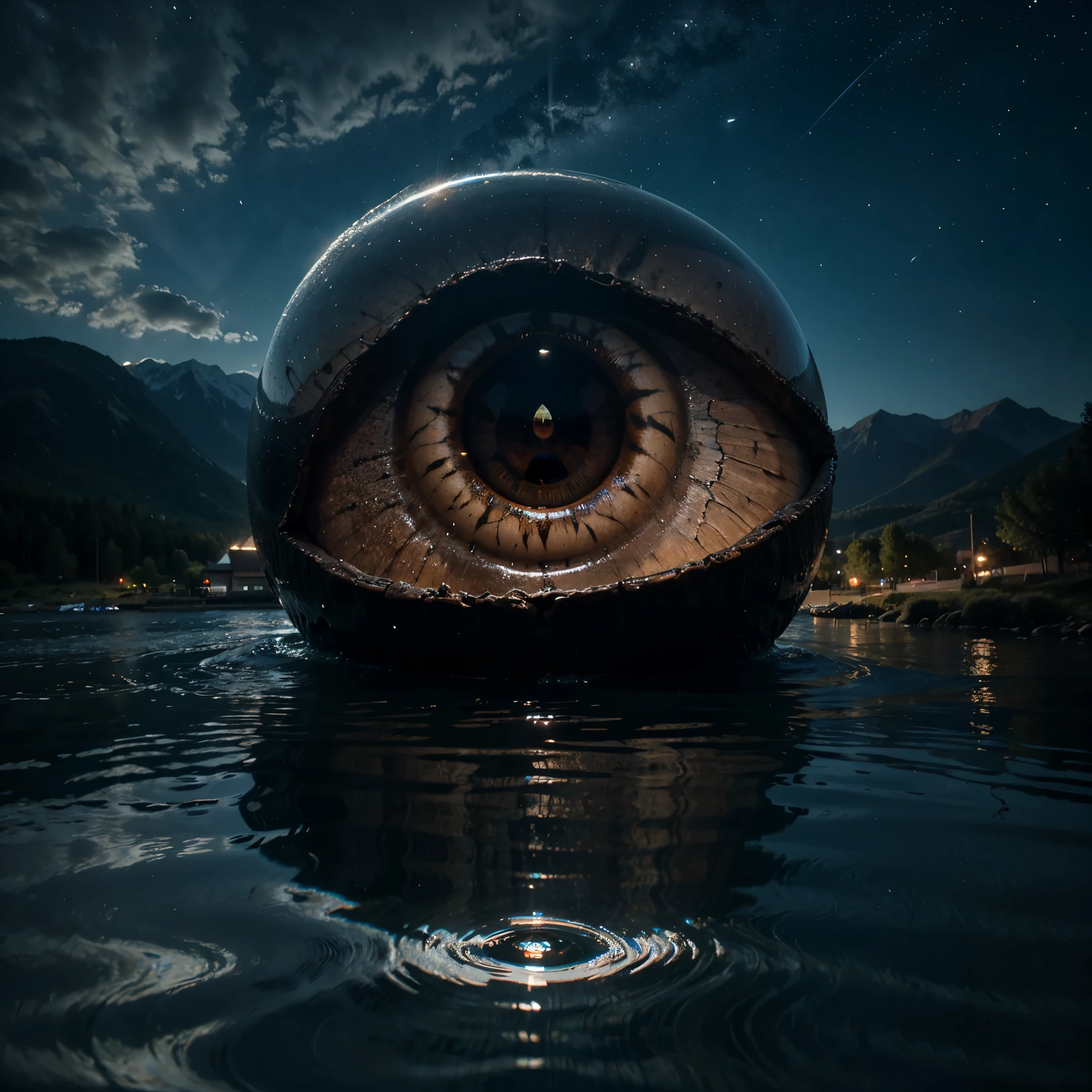 a giant eye emerges from the waters of a mountain lake. His reflection in the water is a real sight. The eye emerges from the waters during a starry night, high quality, realistic lighting, center of the picture, (a giant eye is reflected on the water), clear and quiet water surface, starry sky, mountains in background