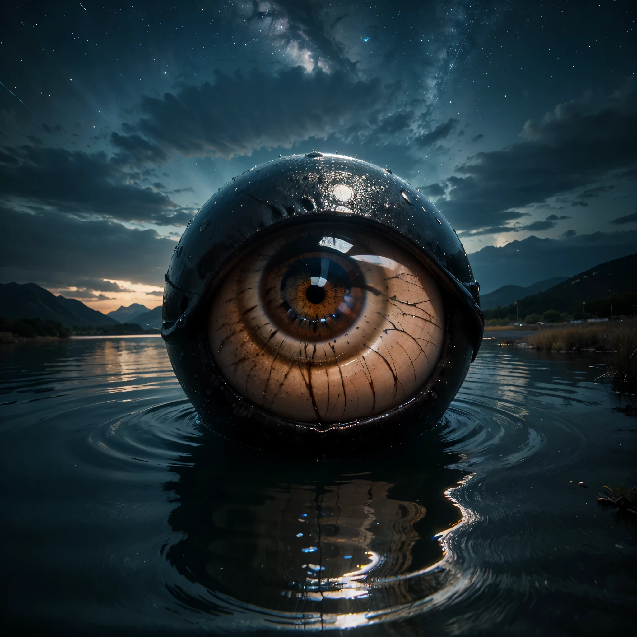 a giant eye emerges from the waters of a mountain lake. His reflection in the water is a real sight. The eye emerges from the waters during a starry night, high quality, realistic lighting, center of the picture, (a giant eye is reflected on the water), clear and quiet water surface, starry sky, mountains in background