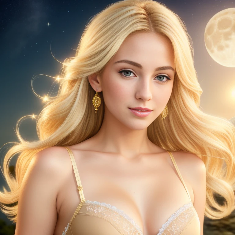 (best quality,4k,8k,high res,masterpiece:1.2),ultra-detailed, photorealistic, full body shot,golden bronde wavy hair,Mature and beautiful, realistic portrayal:1.2 Sailor Moon posing as if she’s in a professional photoshoot, wearing a mix of delicate and intricate lingerie pieces from the "Moonlight Desires" collection. The designs will feature celestial-inspired details, such as moon and star motifs, delicate lace, and shimmering fabric. The color palette will consist of soft pastels, silver, and gold tones to enhance the enchanting theme. Her hair is styled in voluminous waves. They'll cascade down her shoulders, reflecting the moonlight and adding to her captivating allure. Her makeup focuses on enhancing her natural features, with a soft, glowing complexion, subtle smoky eyes, and a touch of shimmer on her cheeks and lips. There are moon-themed props used in the shoot, such as crescent moon-shaped swings, oversized moon lanterns, and celestial-inspired decorations.
Soft, billowing fabrics, such as tulle or chiffon, can be used to create a whimsical atmosphere. Scatter star-shaped confetti or glitter around her to add a touch of magic. Sailor Moon should exude confidence, grace, and sensuality, while also maintaining an air of mystery and enchantment. She experiments with various poses, such as leaning against a moon-shaped prop, twirling in the breeze, or lying on a soft, moonlit beach. She expresses her inner goddess through her facial expressions, conveying a mix of serenity, allure, and a hint of playfulness.
Soft, diffused lighting is used to create a romantic, moonlit effect. Incorporate gentle backlighting to enhance Sailor Moon's golden bronde hair and create a halo-like glow around her. Different lighting techniques are used to capture the dreamy and mystical ambiance.