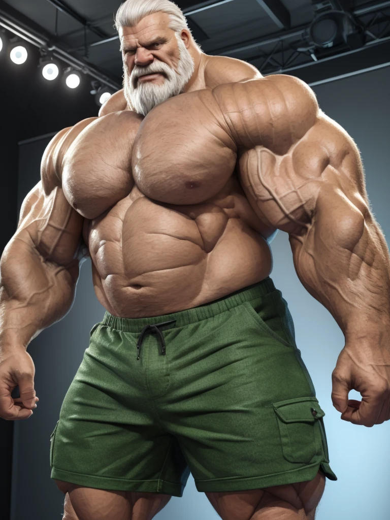 ground level camera shot, (best quality,4k,8k,highres,masterpiece:1.2),ultra-detailed,(realistic,photorealistic,photo-realistic:1.37),((massive muscular)) ((huge Muscular)) old man standing in photo studio, simple background, shorts , white hair, super thick arms, super big pectoral, super wide pectoral, topless, shirtless