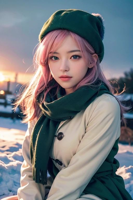 (8K, 最high quality, masterpiece:1,2), (realistic, Photoreal:1.37), Super detailed, one girl,), (very detailed), (beautiful detailed eyes), (最high qualityの), (Super detailed ), (masterpiece), (detailed face),20-year-old, ,1 girl, ((pink hair)), medium breasts, dressed, perfect lighting, Focus on pussy and breasts, looking at the viewer, Emerald Green Coat, Dark chocolate brown scarf, wool beret. (high quality:1.3) length, green hair, flowing hair, Sitting slightly elegantly, hopeful smile. (high quality:1.2) Accessories include classic gloves, Fur hat, Hold the book. (high quality:1.4) A pose that captures elegance while waiting in the winter twilight, The snow-covered ground accentuates the cold atmosphere.. (high quality:1.5) Utilize software, Warm lighting highlighting the female silhouette against the backdrop of dusk.