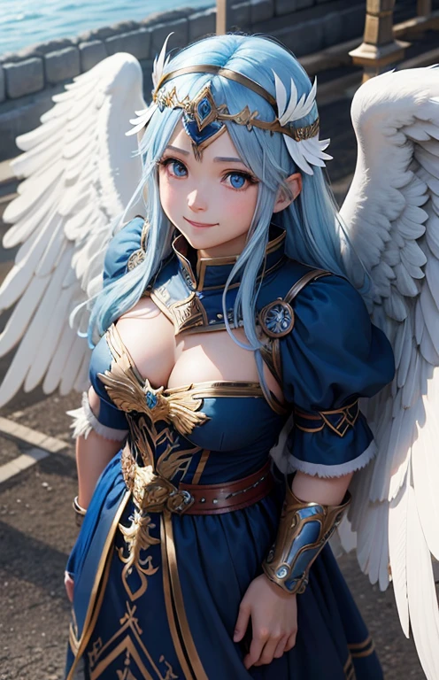 valkyrie、White Wings of an Angel　Wearing an angel headband from Ragnarok Online　Blue hair color　blue eyes　smile　realistic