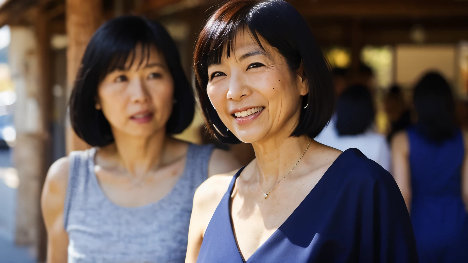 ((Top Quality)), ((8K)), ((Masterpiece: 1.3)), (Perfect Appearance), (Photorealism: 1.6), (2 Japanese women), (2 japanese women walking side by side: 1.4), (walking towards here), (2 Japanese women aged 60 and 37), raise the corners of your mouth and smile, short hairstyle, (whole bod: 1.6), low angle