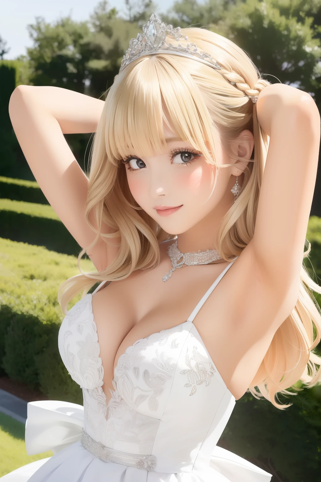 A girl,16 year old,wedding dress,european countryside,blonde,bangs bangs,pretty face,thick and muscular upper arms,armpit,tiara